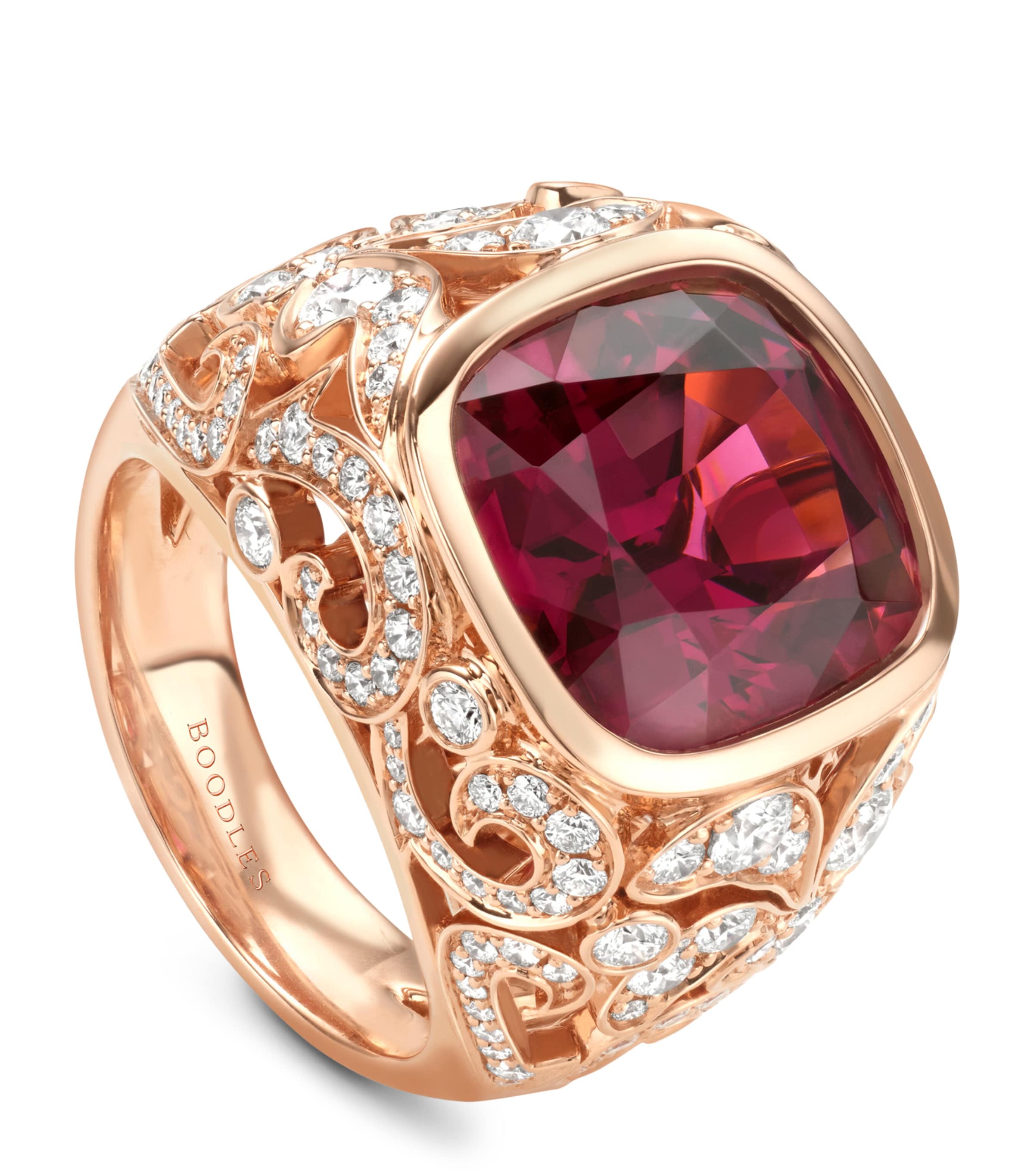 Boodles Royal Damask ring rose gold diamond garnet (British brand)