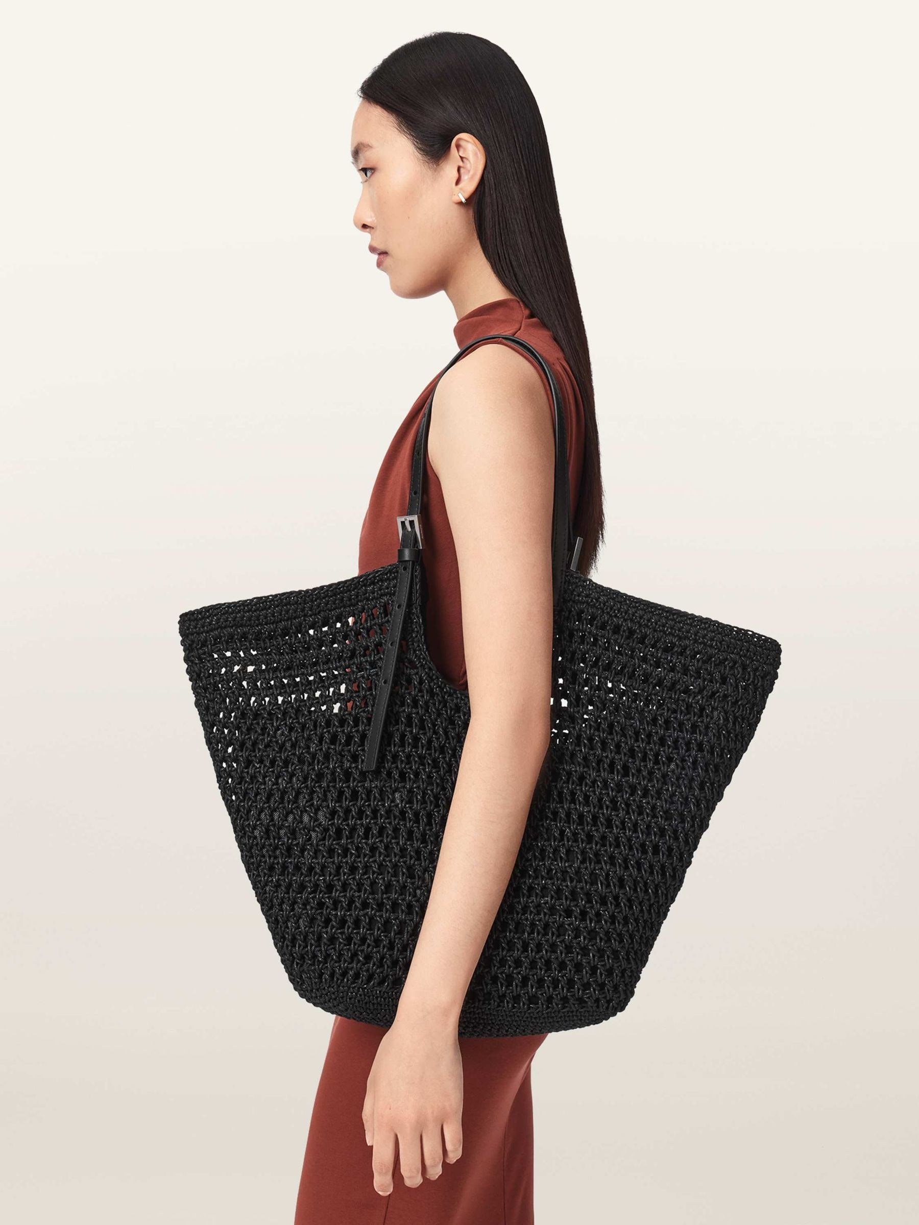 AllSaints Dark Brown Ara cotton knit tote bag, imported from the UK