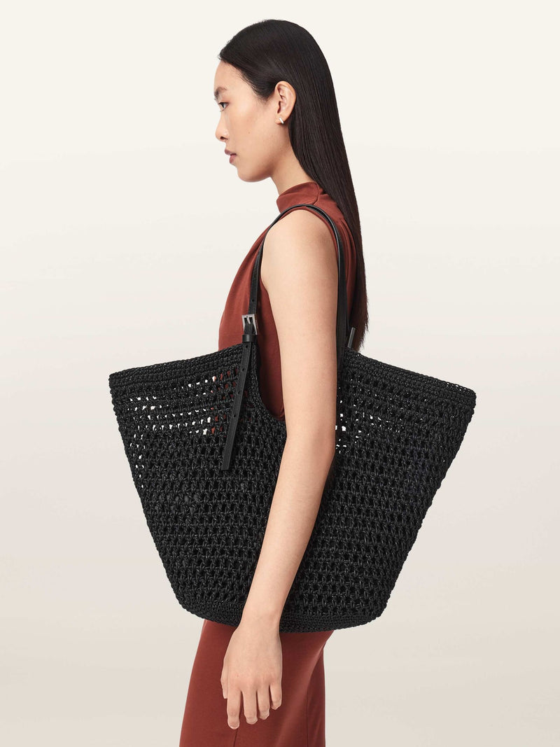 AllSaints Dark Brown Ara cotton knit tote bag, imported from the UK
