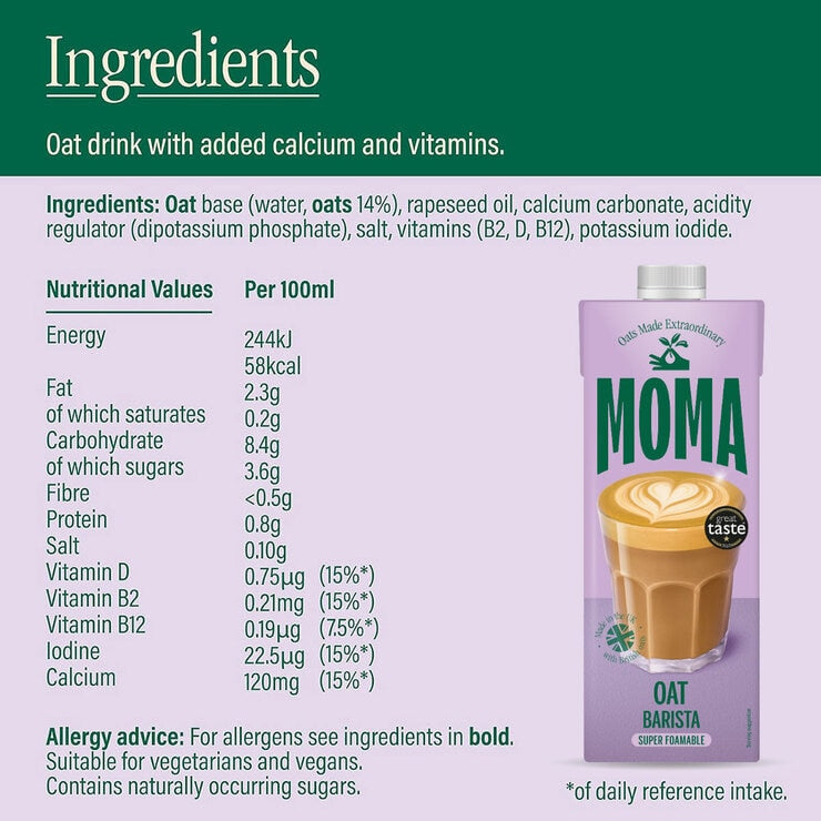 Moma oat drink Barista Edition 6 x 1L, imported from the UK