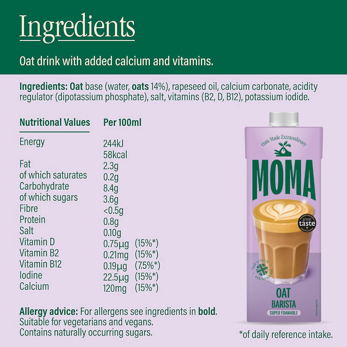 Moma oat drink Barista Edition 6 x 1L, imported from the UK