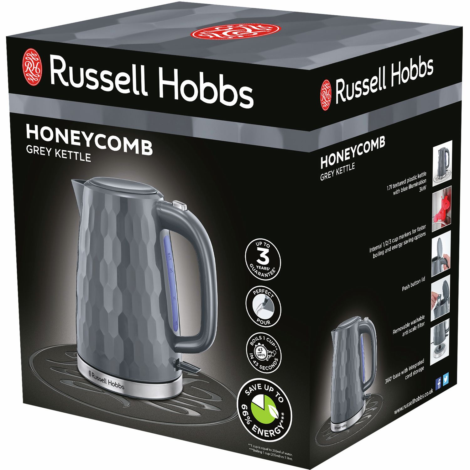 Russell Hobbs plastic kettle 1.7L honeycomb grey - British product