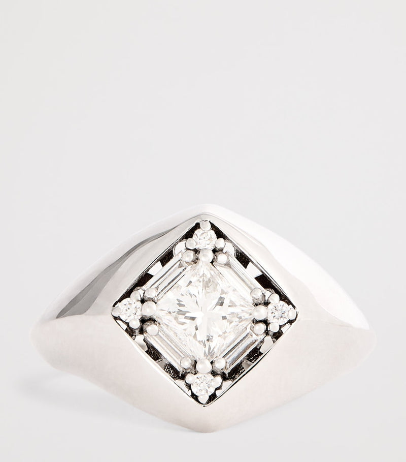 Suzanne Kalan white gold diamond princess signet ring size 4, imported from the UK