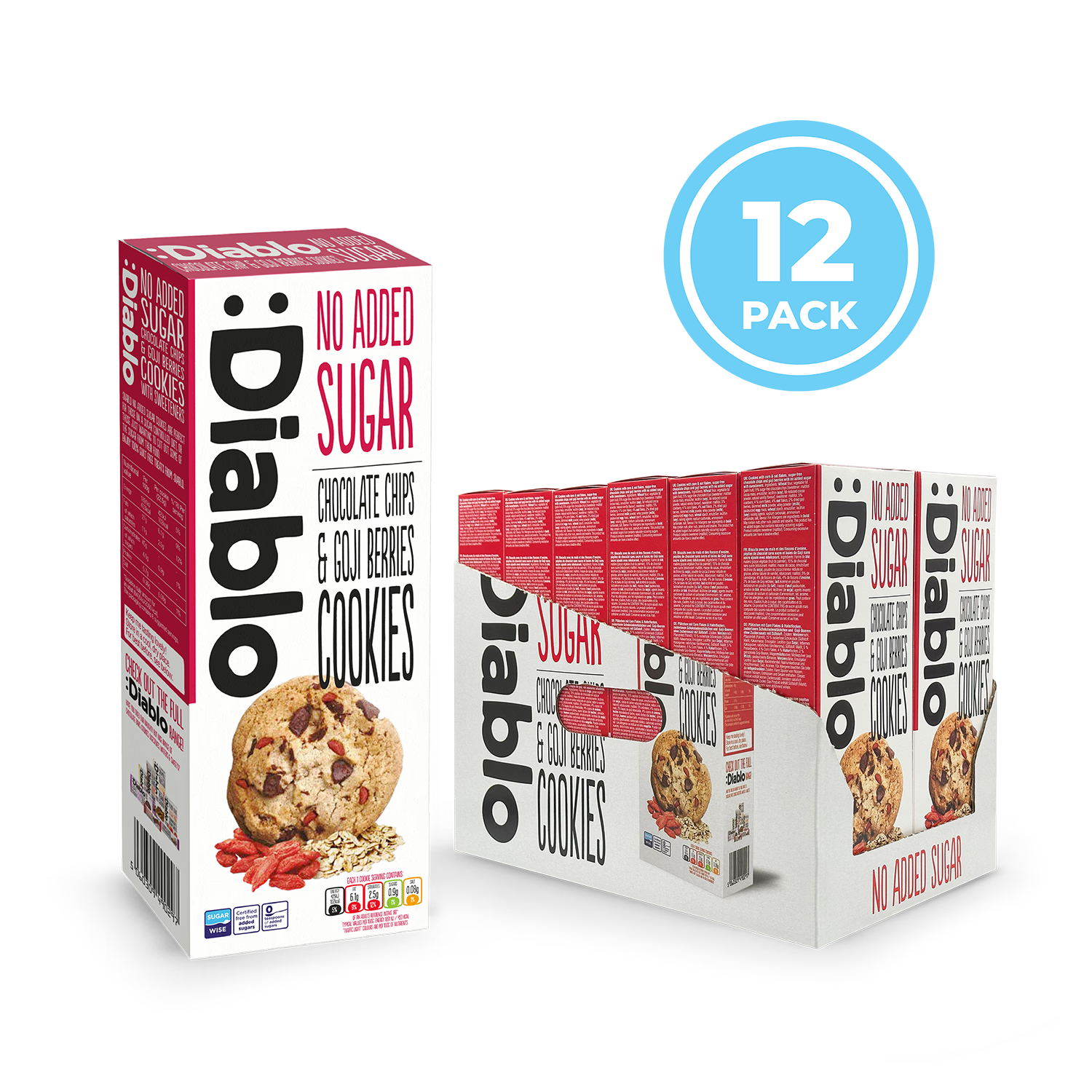 Diablo cookies no added sugar chocolate chip goji berry 135g, imported from the UK
