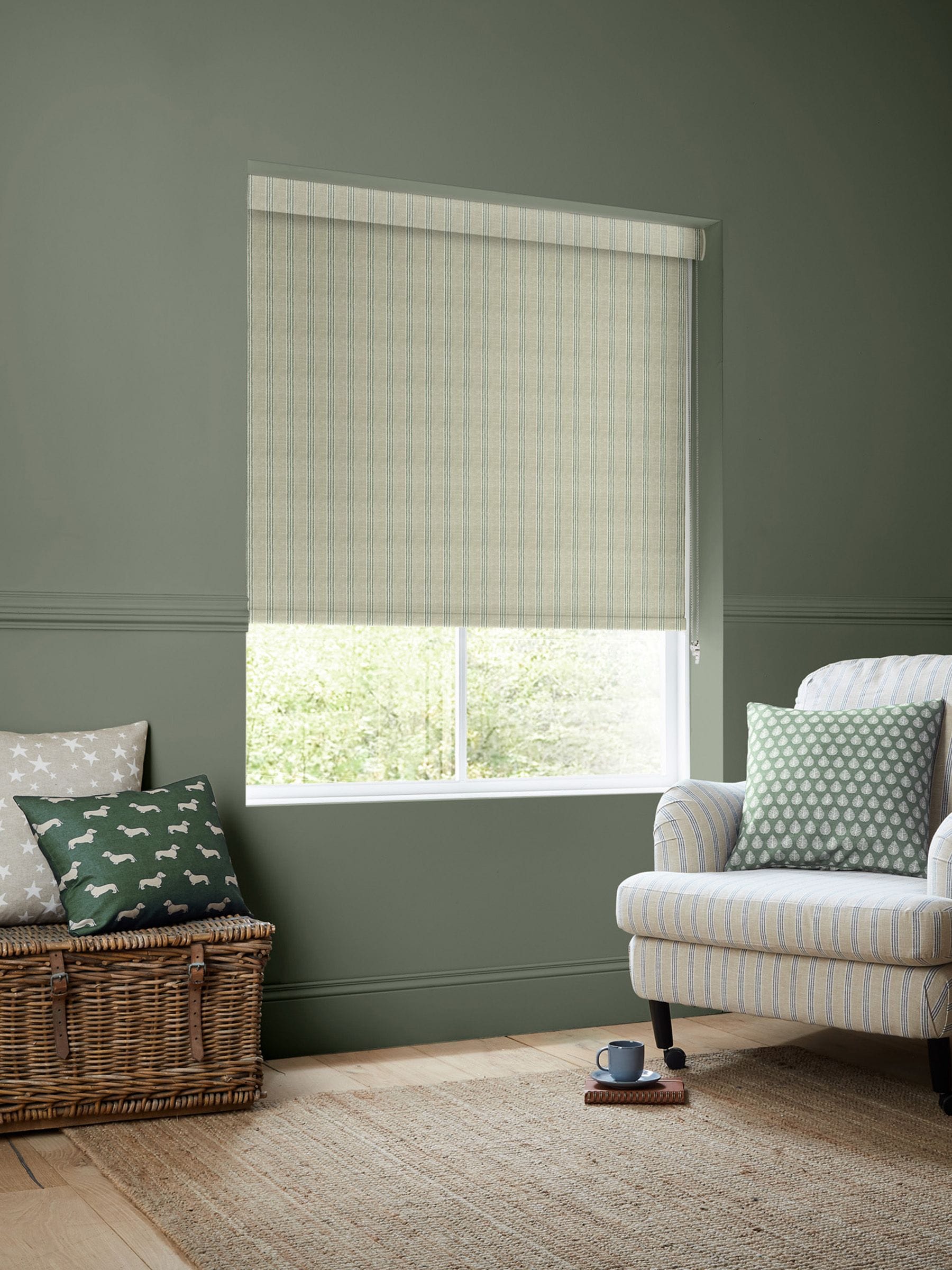 Emily Bond sage George stripe roller blind made to measure - British product