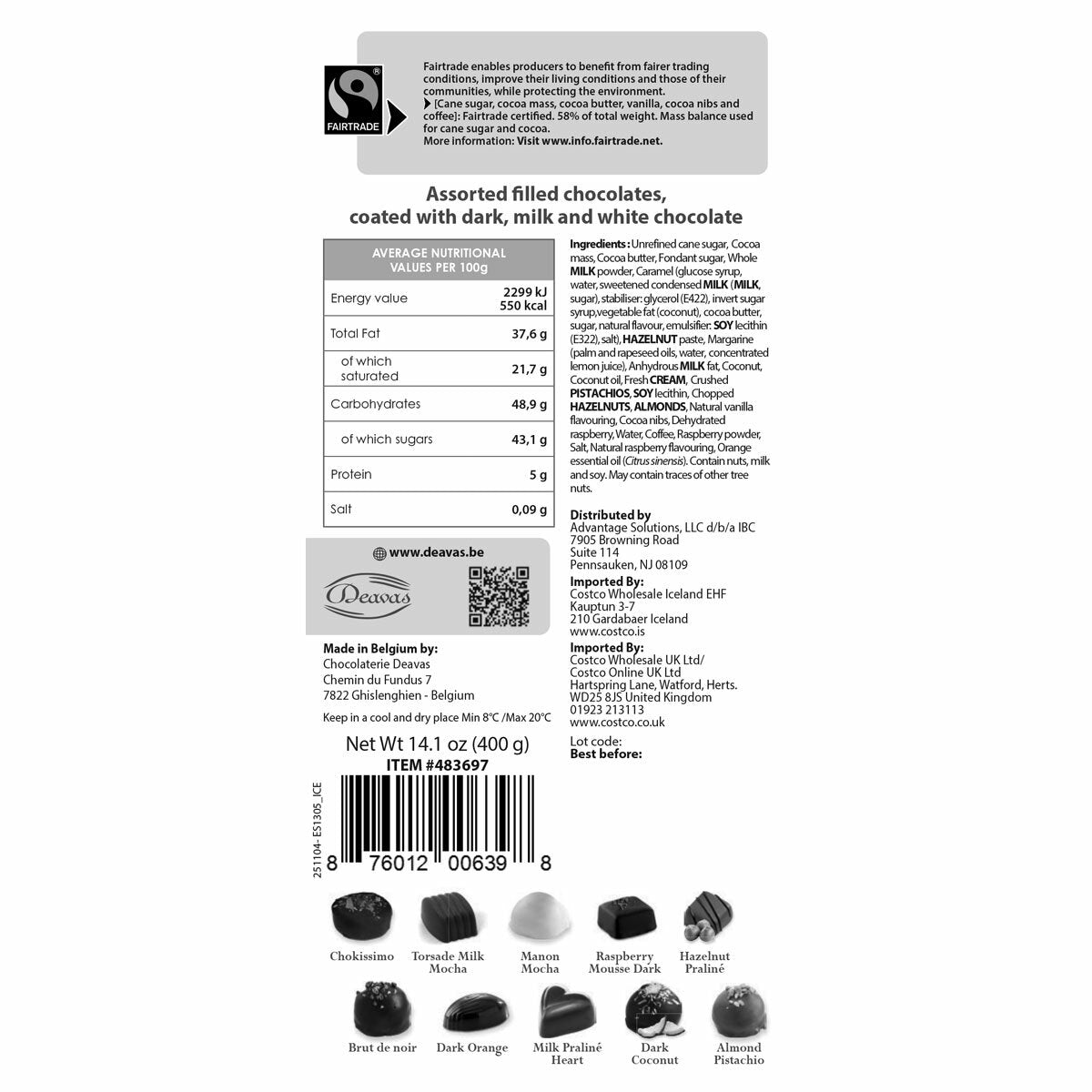 Deavas Belgian chocolate ballotin with assorted flavours 400g - British product