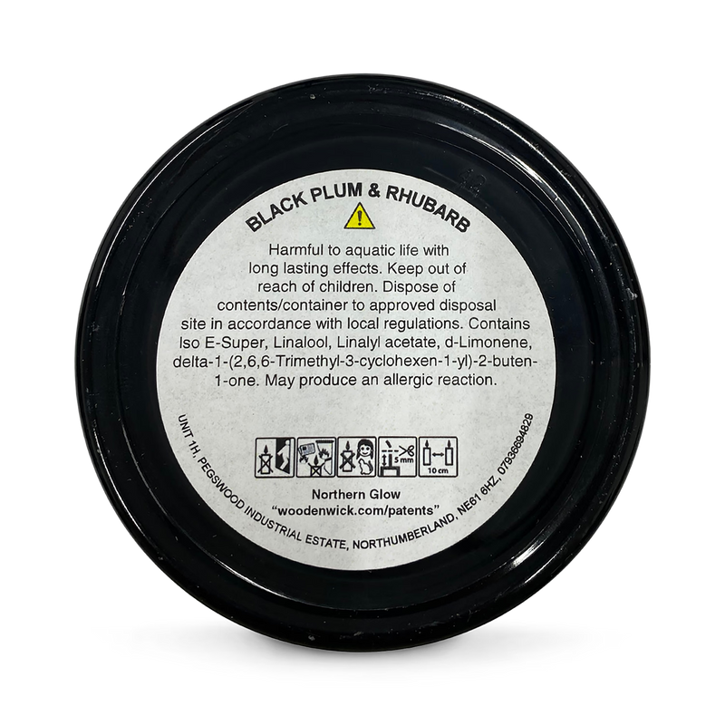 Black plum rhubarb scented wood wick candle, imported from the UK