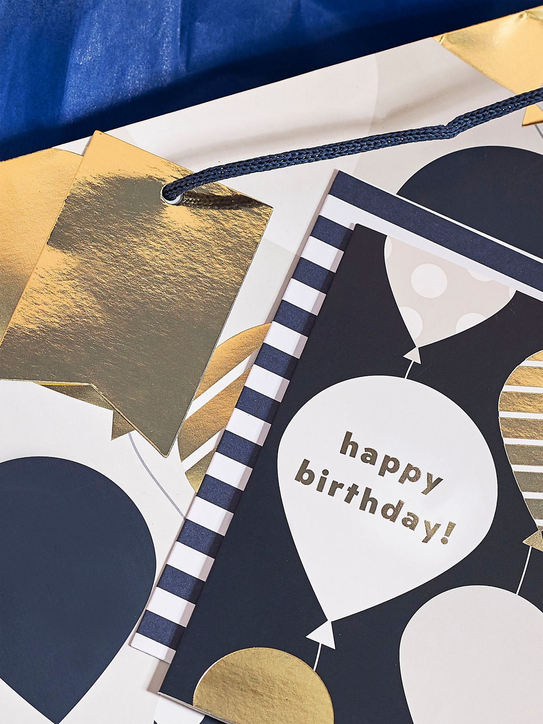 Navy balloons gift bag set with card and tissue paper, imported from the UK