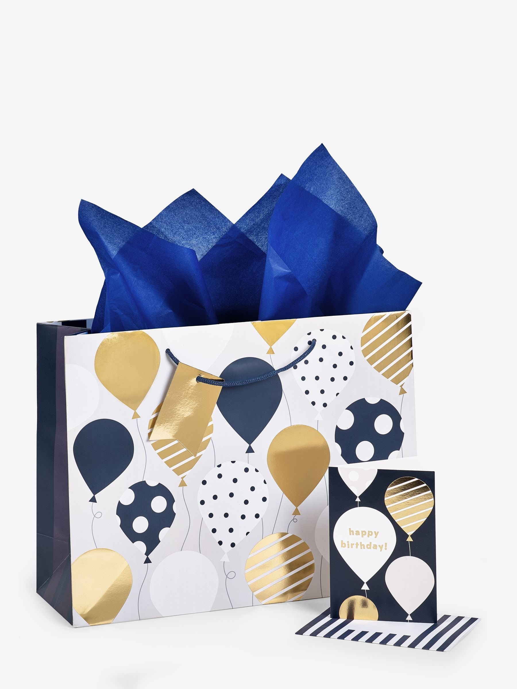 Navy balloons gift bag set with card and tissue paper, imported from the UK