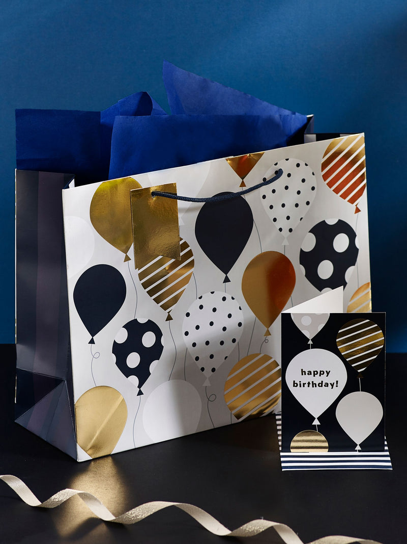 Navy balloons gift bag set with card and tissue paper, imported from the UK
