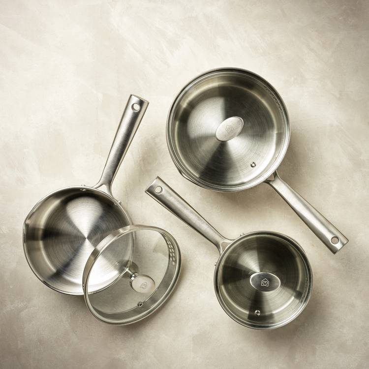Habitat brushed stainless steel pan set 3 piece, imported from the UK