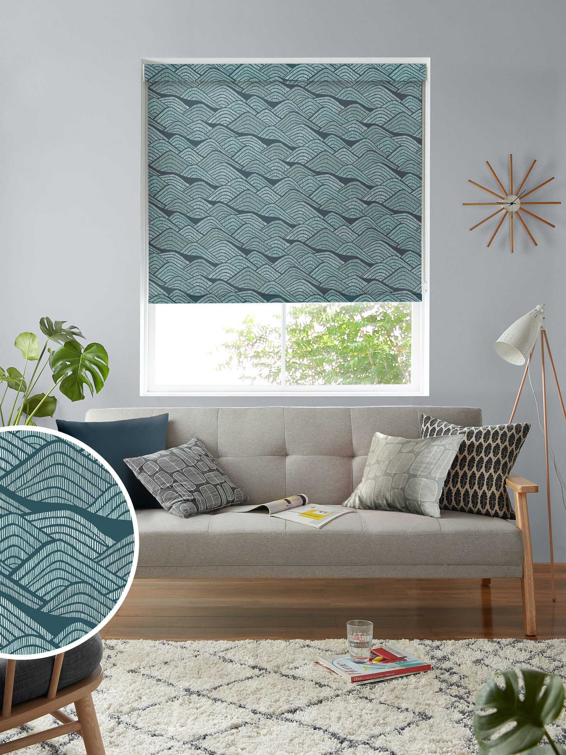 MissPrint Frontier made to measure roller blinds blue green print, imported from the UK