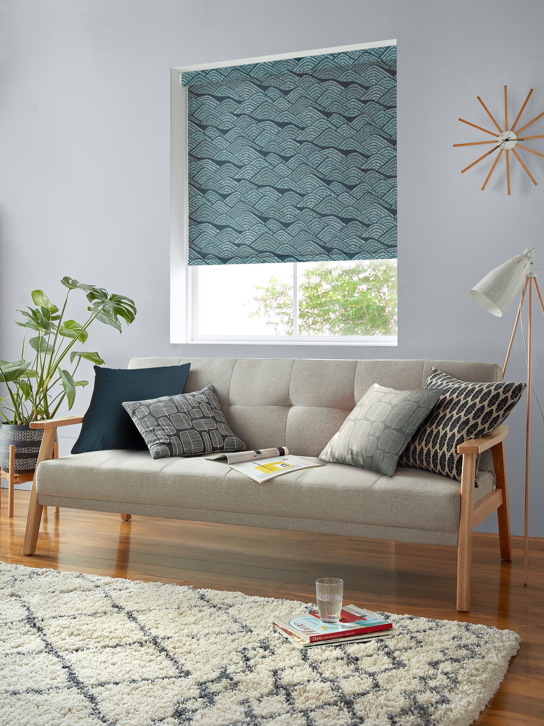 MissPrint Frontier made to measure roller blinds blue green print, imported from the UK