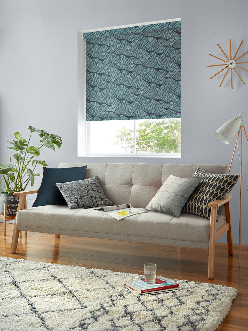 MissPrint Frontier made to measure roller blinds blue green print, imported from the UK