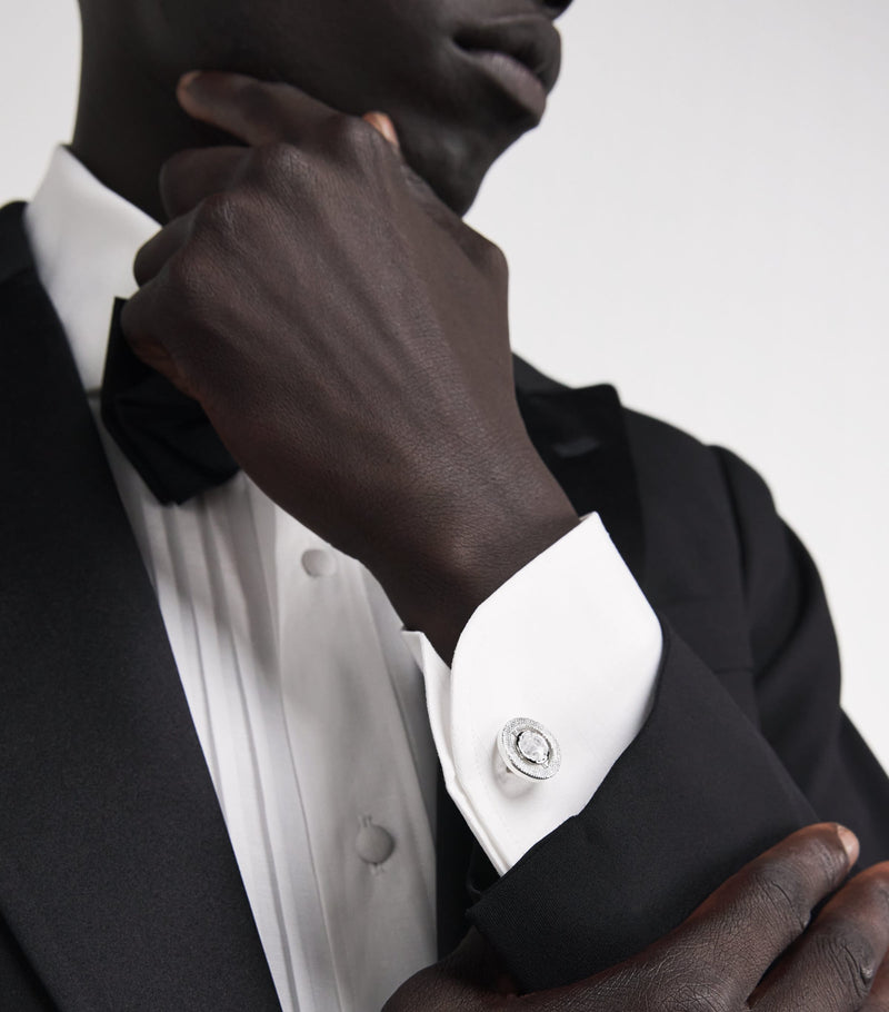 Tateossian rhodium-plated cubic zirconia halo round cufflinks (British brand)