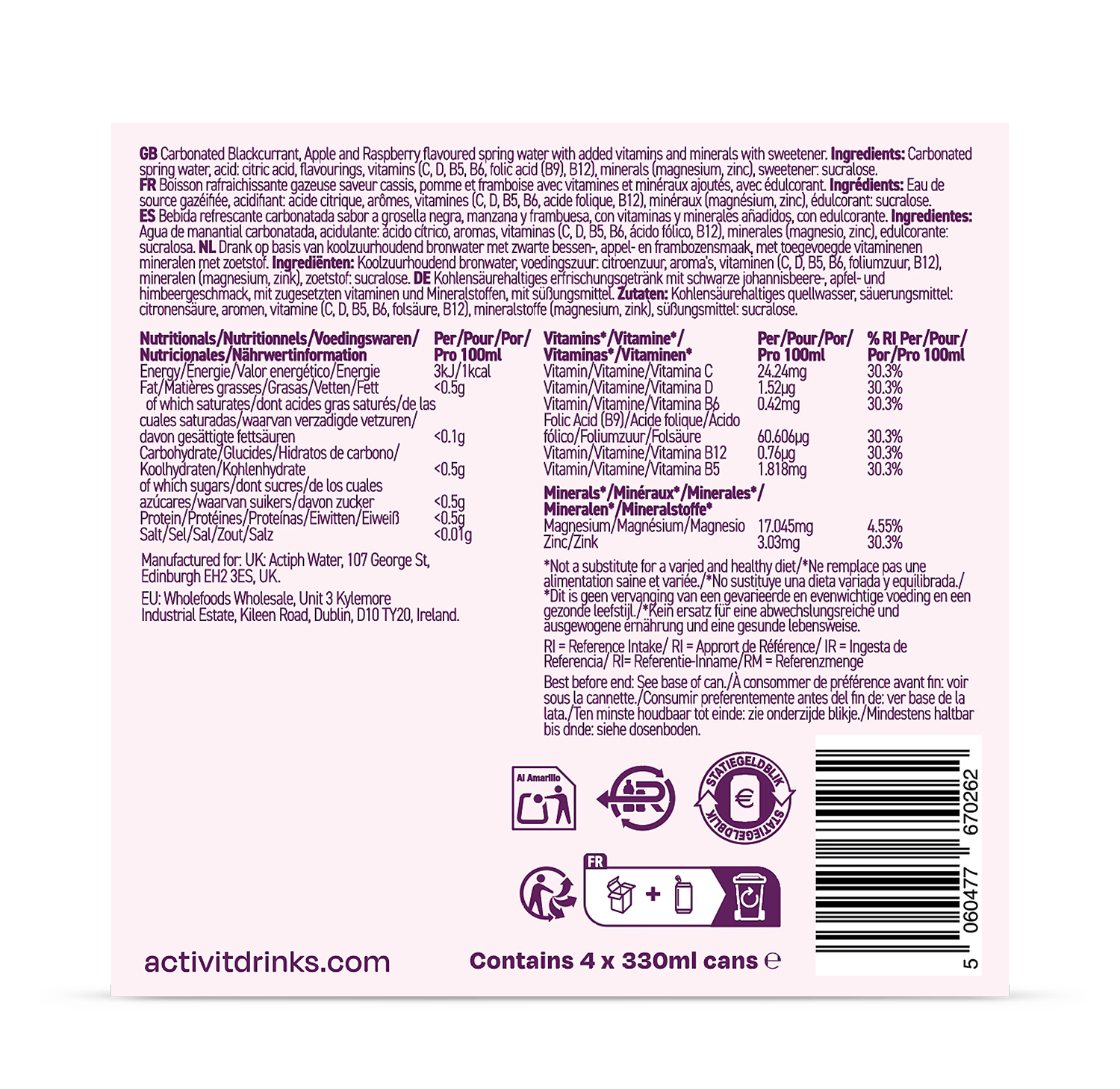 Activit Sparkling Vitamin Water Blackcurrant Raspberry 4x330ml (British brand)