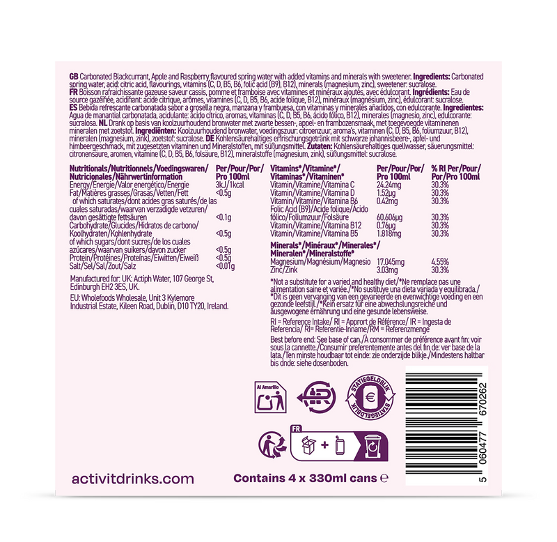 Activit Sparkling Vitamin Water Blackcurrant Raspberry 4x330ml (British brand)