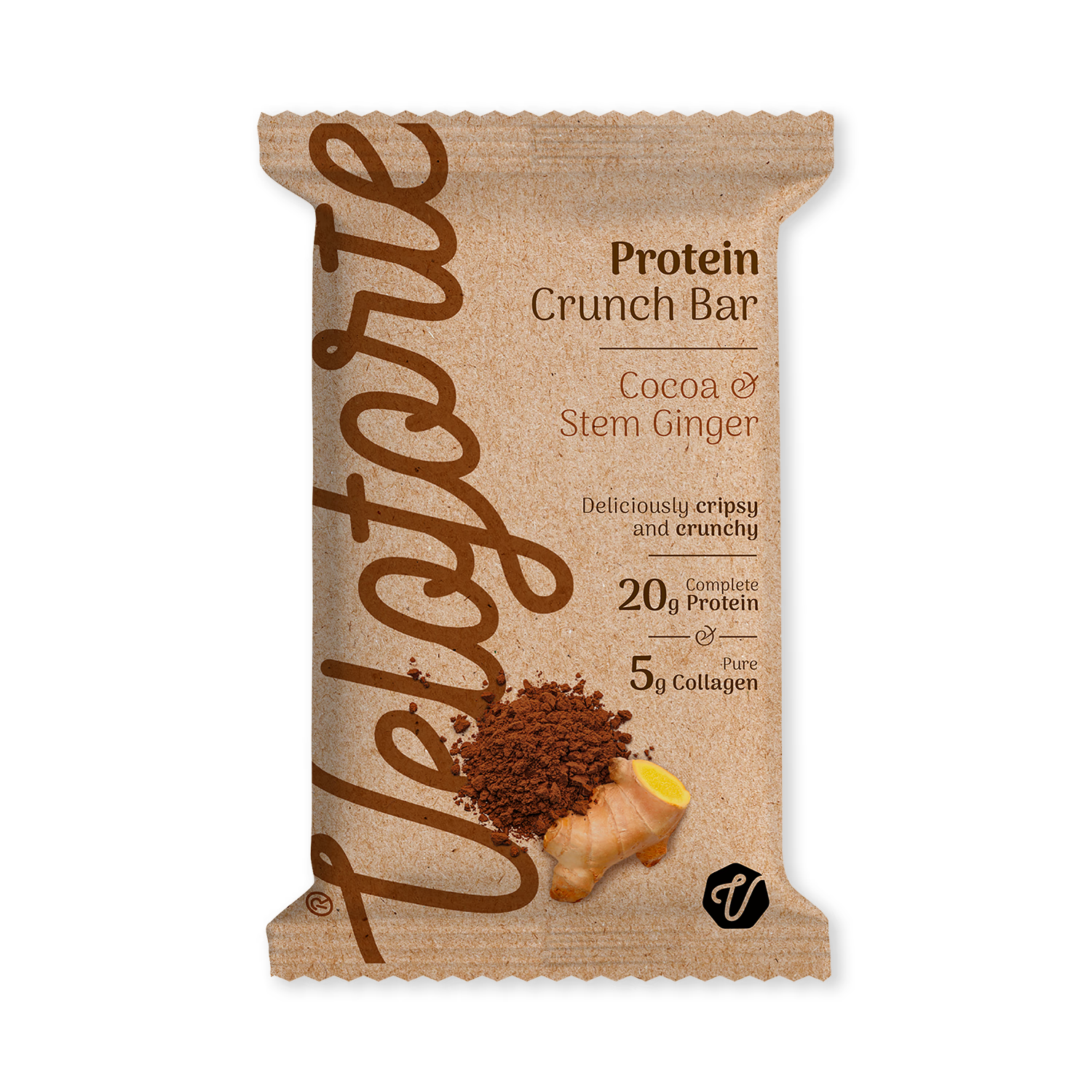 Veloforte cocoa stem ginger protein crunch bar 68g, imported from the UK