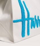 Harrods large cotton logo tote bag in ivory and blue, UK version