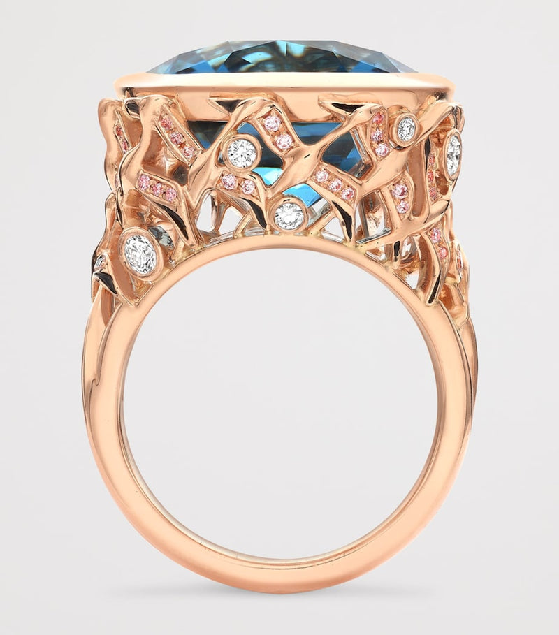Boodles rose gold diamond aquamarine Flamingo ring, imported from the UK