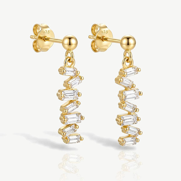 MUCHV drop earrings with baguette stones in gold 3cm, imported from the UK