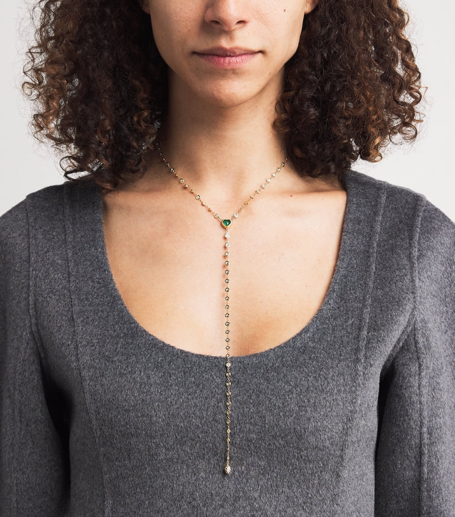 Jacquie Aiche yellow gold Sophia necklace with diamonds and emerald (British brand)