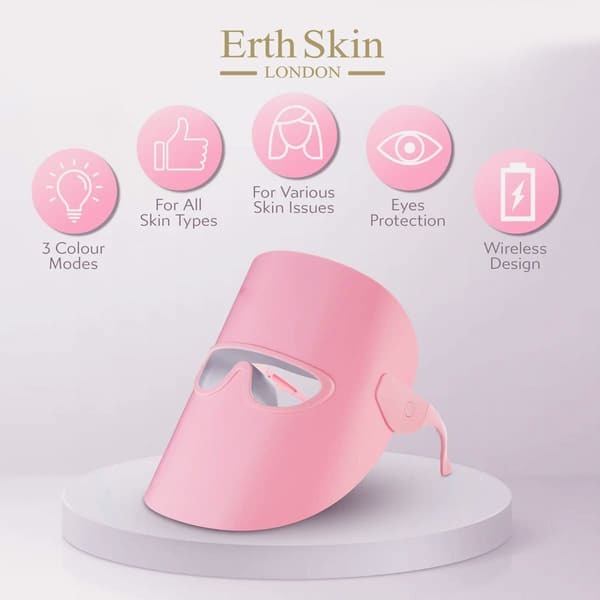 Erth Beauty pink LED light therapy mask with three colour modes, imported from the UK
