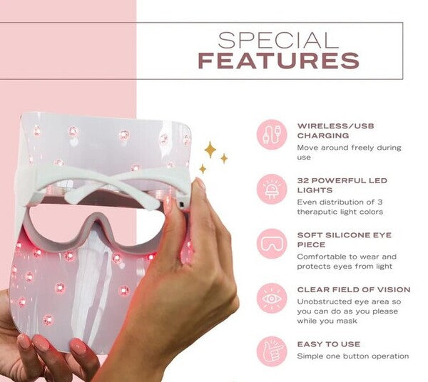 Erth Beauty pink LED light therapy mask with three colour modes, imported from the UK