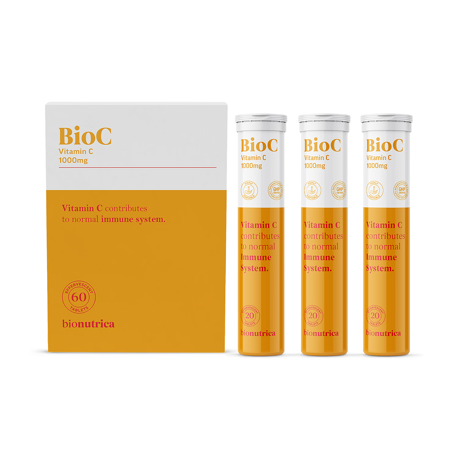 Bionutrica Vitamin C supplement effervescent tablets orange flavour 60, UK version