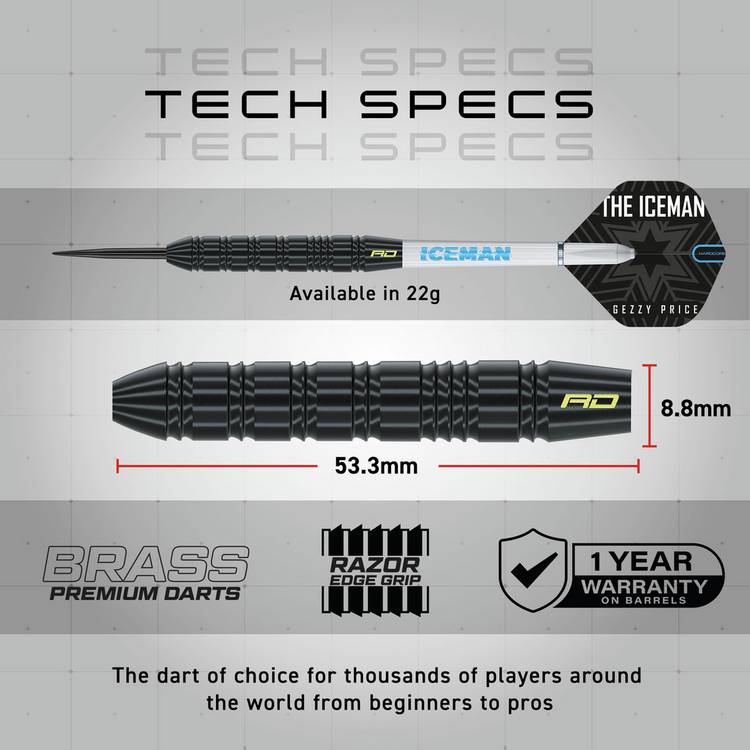 Red Dragon Gerwyn Price Iceman brass darts set 22g, imported from the UK