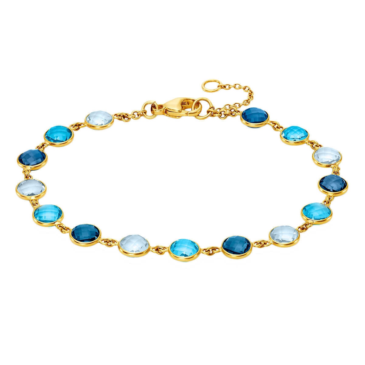 Blue topaz round cut bracelet in 14ct yellow gold (British brand)