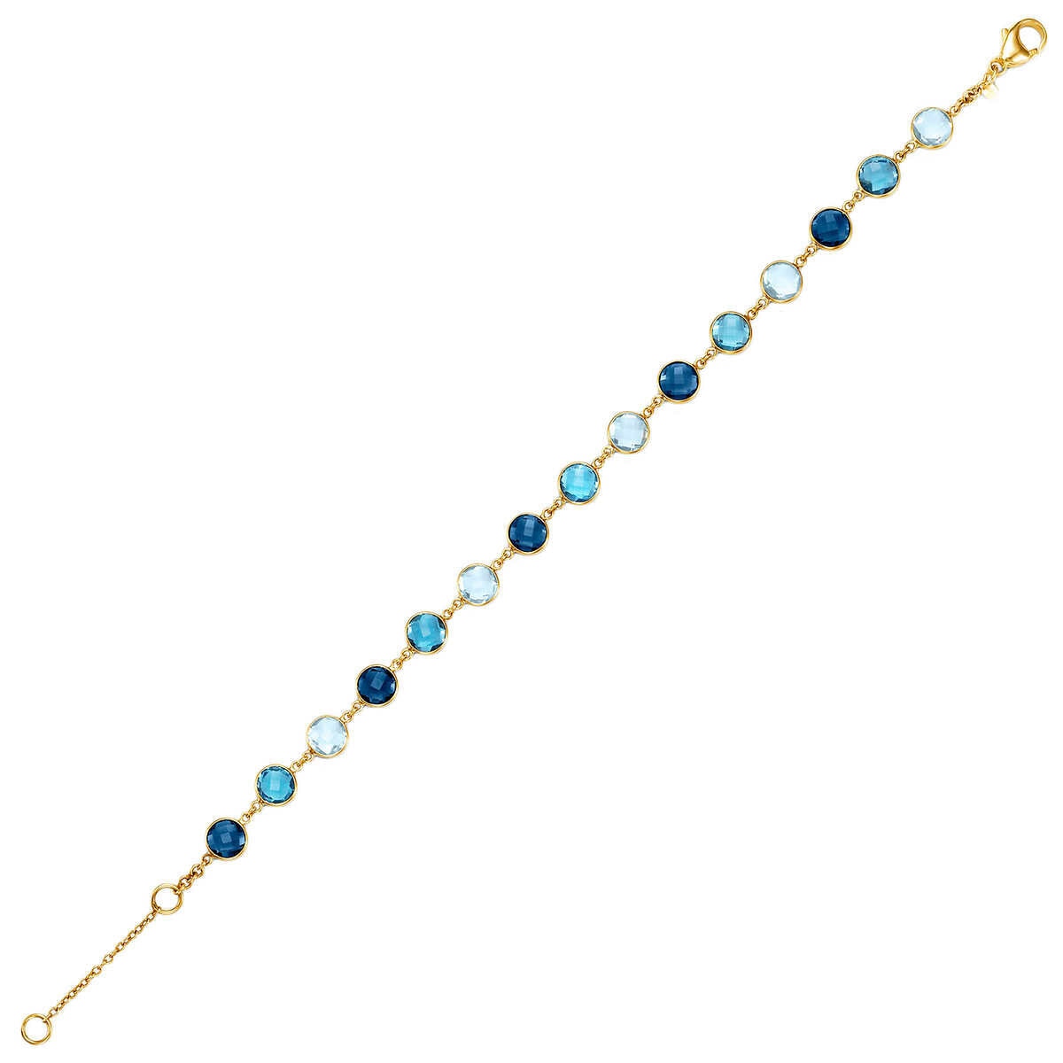 Blue topaz round cut bracelet in 14ct yellow gold (British brand)