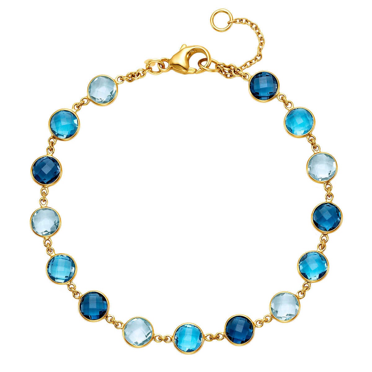 Blue topaz round cut bracelet in 14ct yellow gold (British brand)