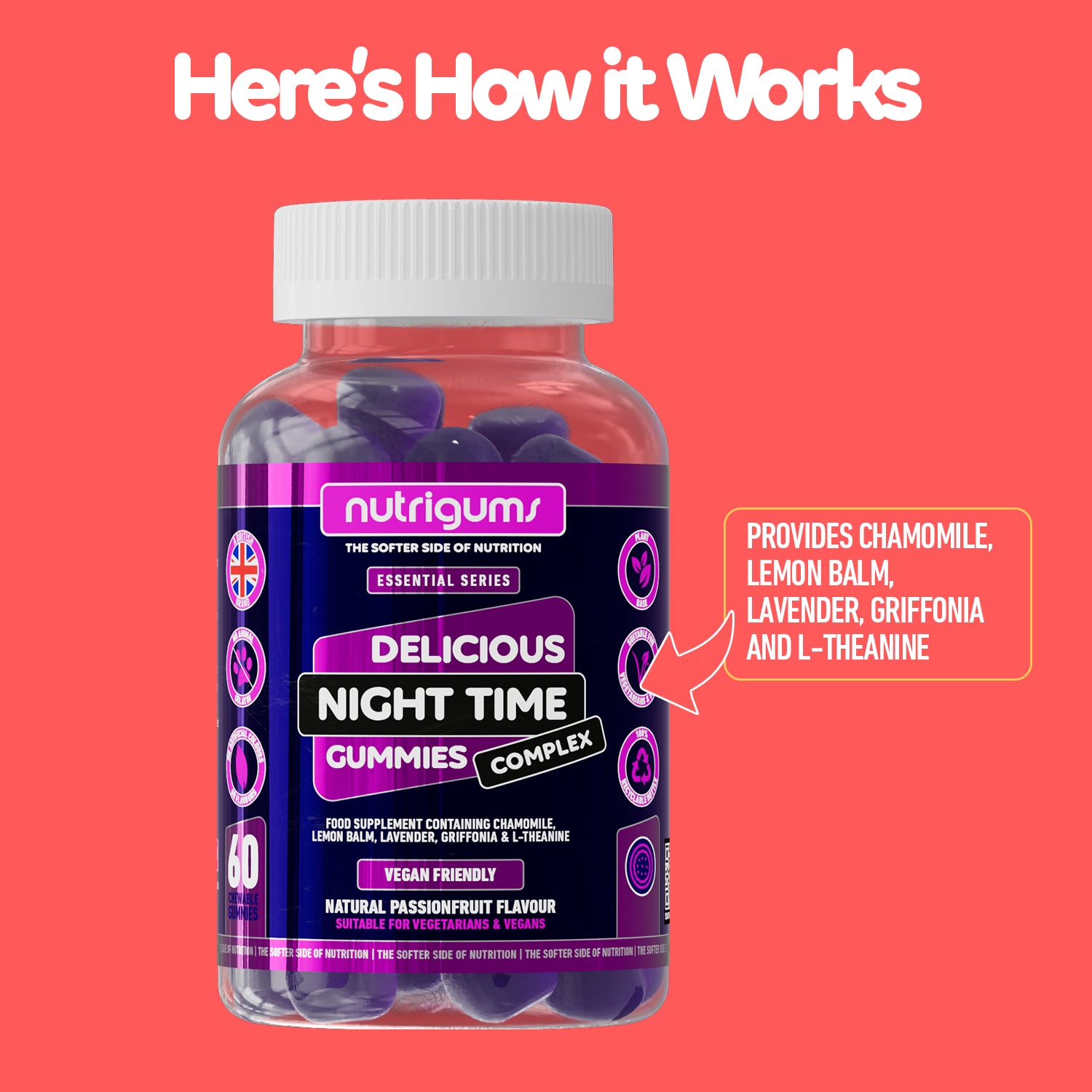 Nutrigums Night Time Complex sleep gummies 60 count, imported from the UK