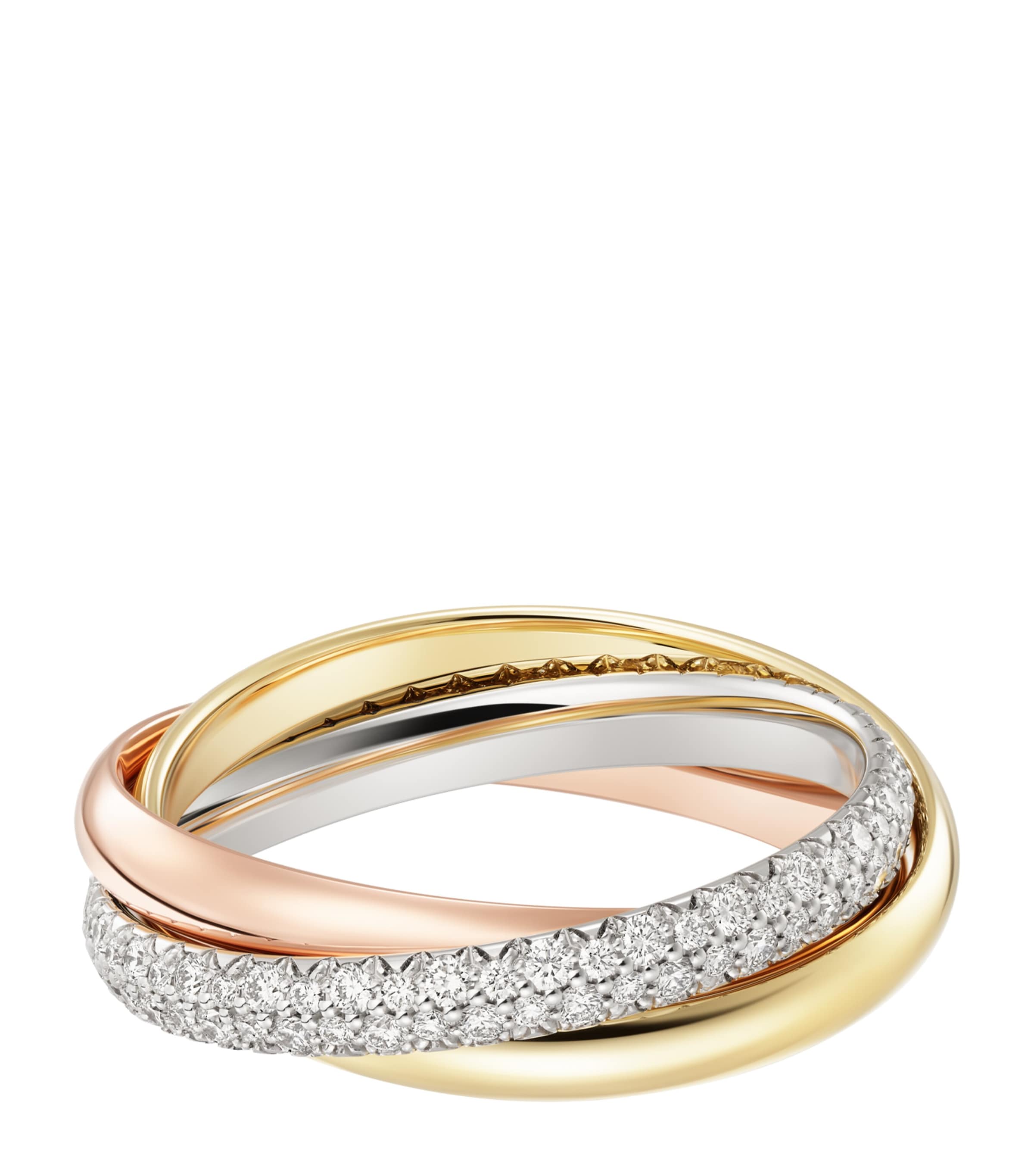 Cartier small Trinity ring three gold bands with pavé diamonds, imported from the UK