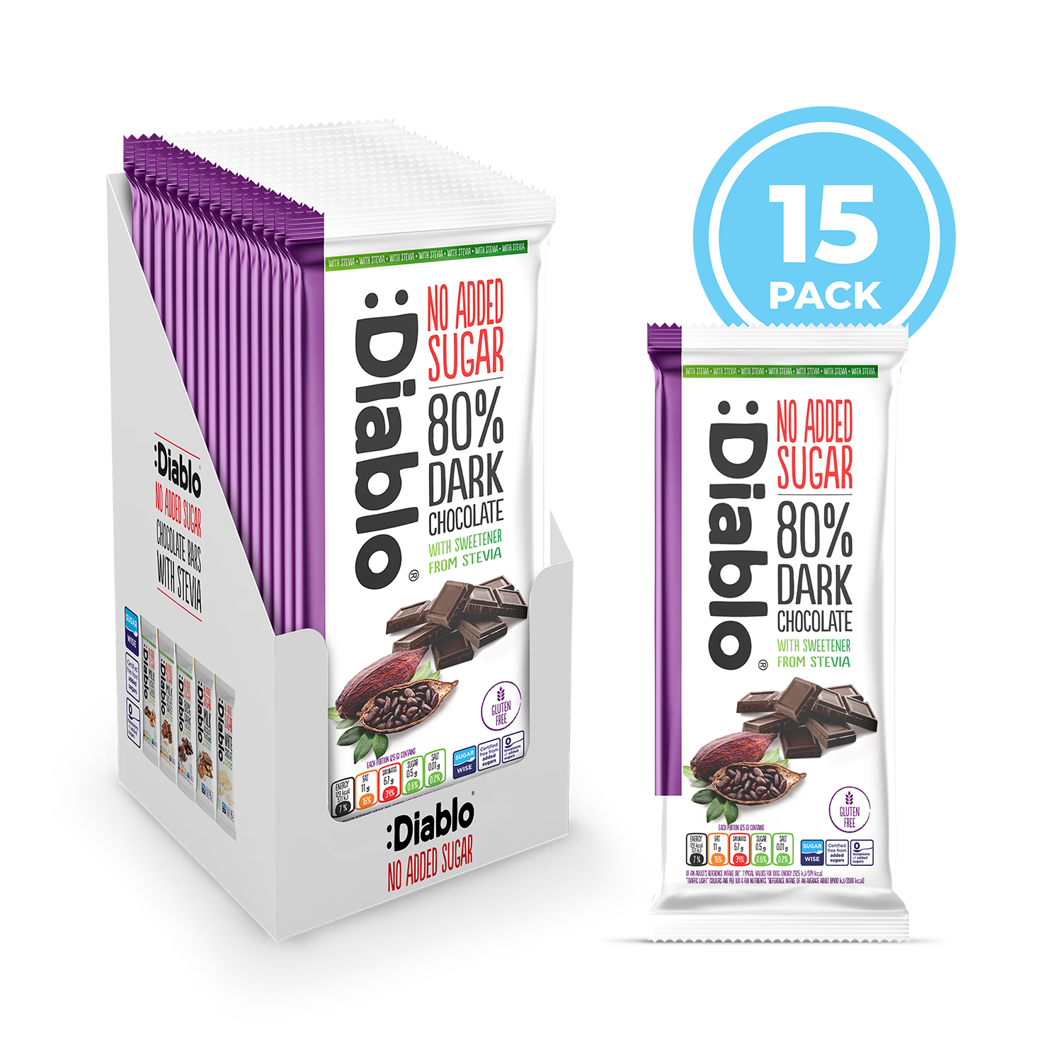 Diablo dark chocolate bar 80% no added sugar 75g, UK version