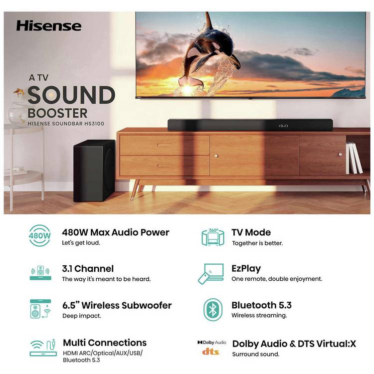 Hisense HS3100 3.1ch soundbar with wireless subwoofer, UK version