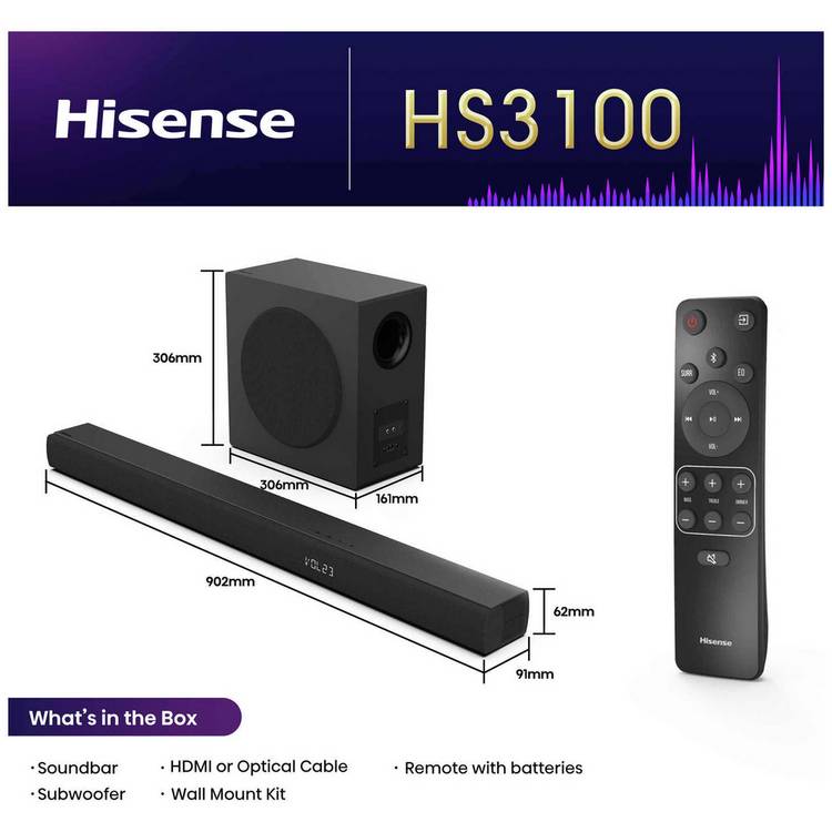 Hisense HS3100 3.1ch soundbar with wireless subwoofer, UK version