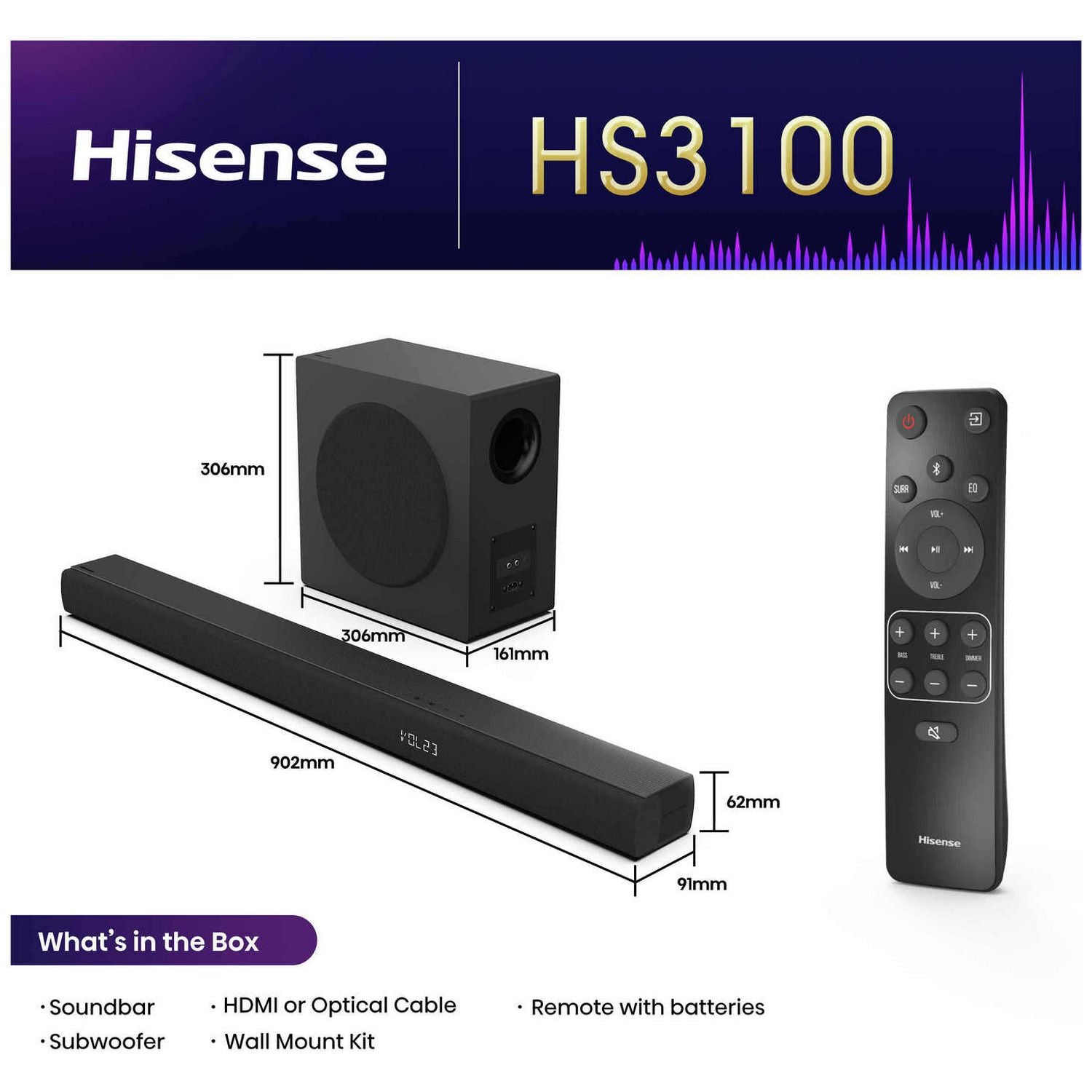 Hisense HS3100 3.1ch soundbar with wireless subwoofer, UK version