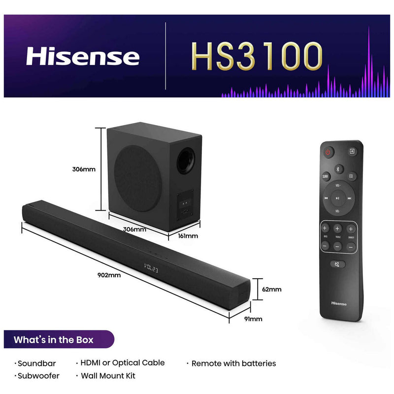 Hisense HS3100 3.1ch soundbar with wireless subwoofer, UK version