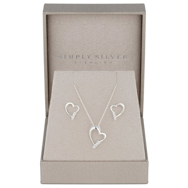 Simply Silver 925 silver heart jewellery set with cubic zirconia (British brand)
