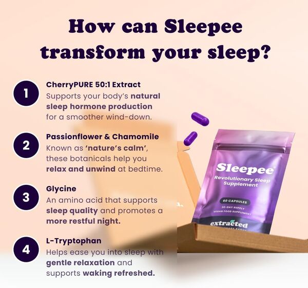 Extracted Sleepee sleep supplement 60 capsules, imported from the UK