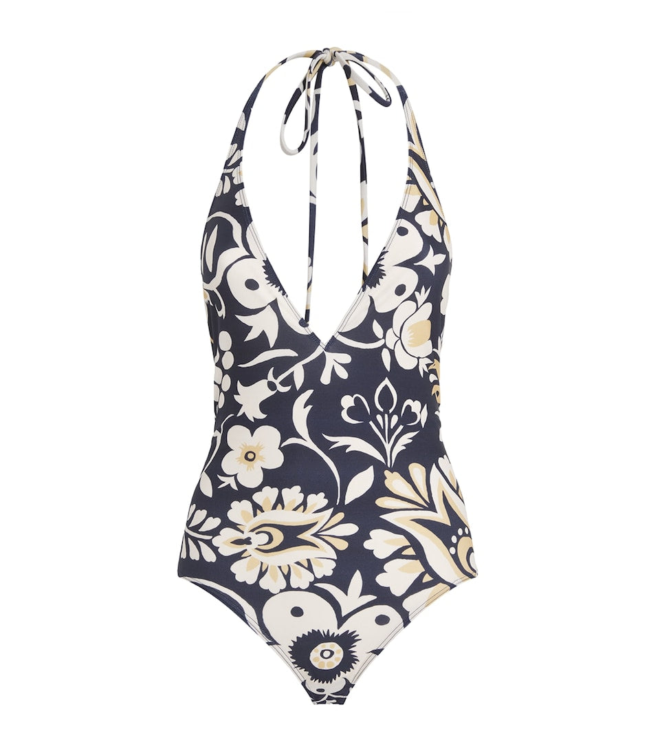 Plunge Neck Swimsuit with All-Over Print in Nylon and Elastane