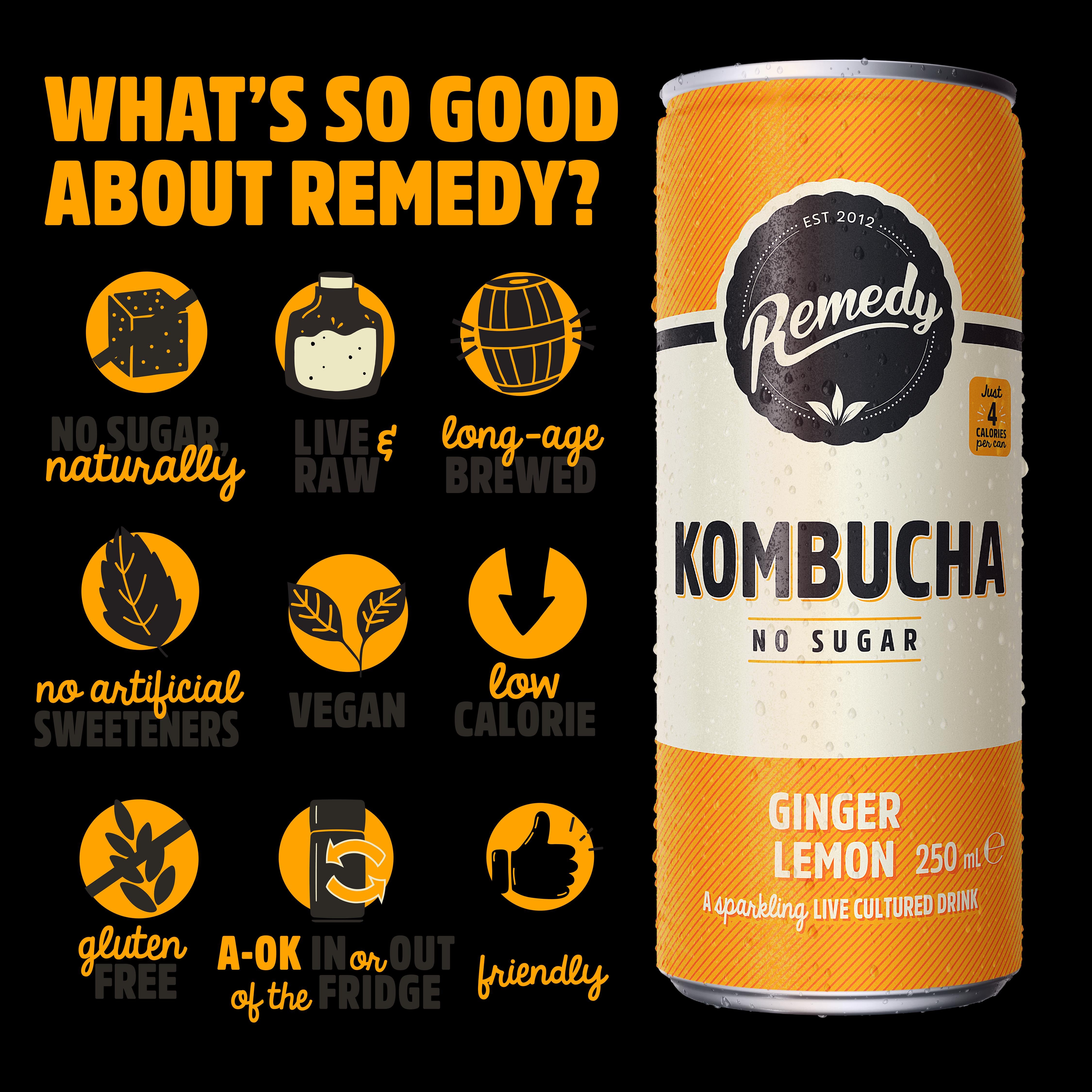 Remedy Kombucha Ginger Lemon 4 x 330ml, imported from the UK