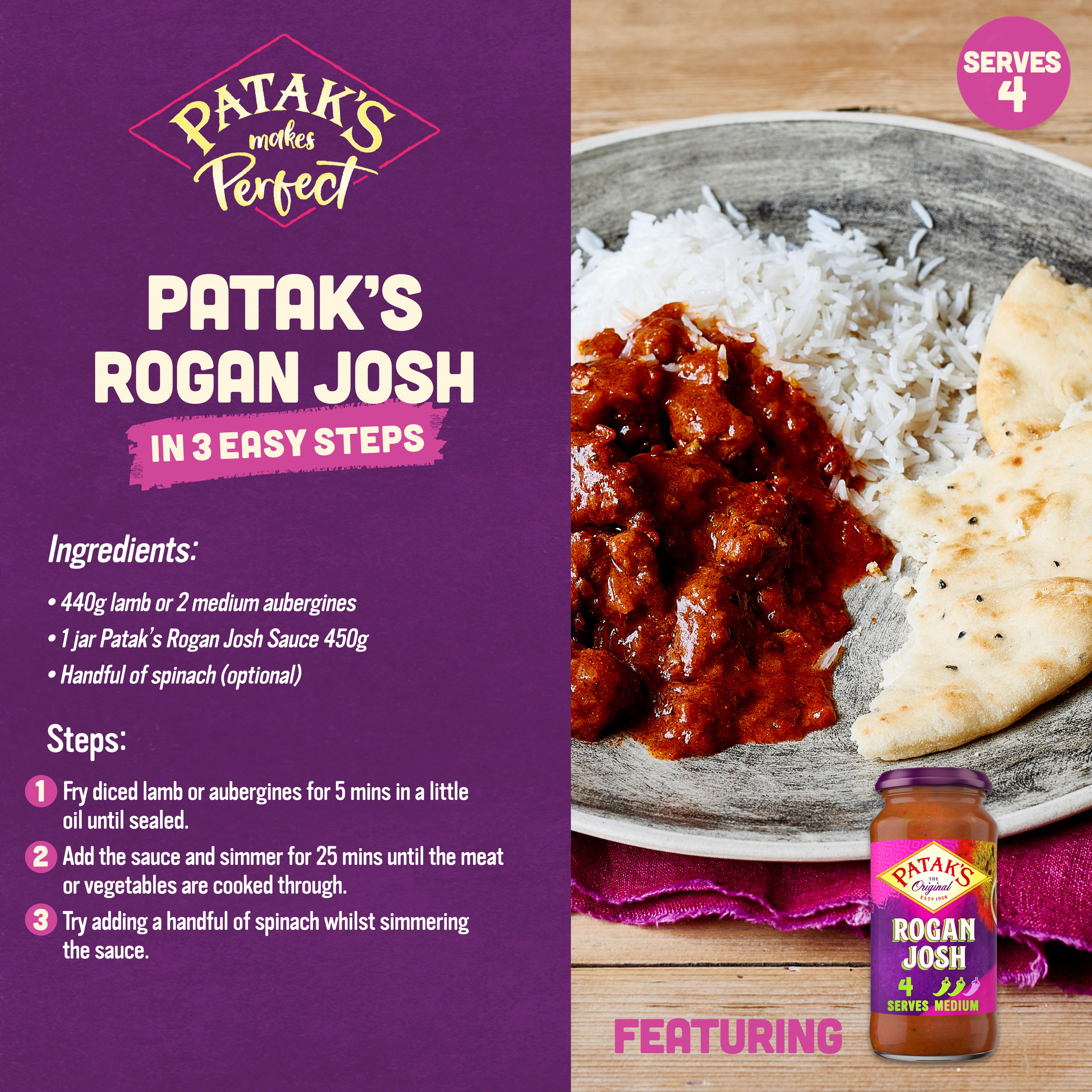 Patak's Rogan Josh curry sauce in a 450g jar, UK version