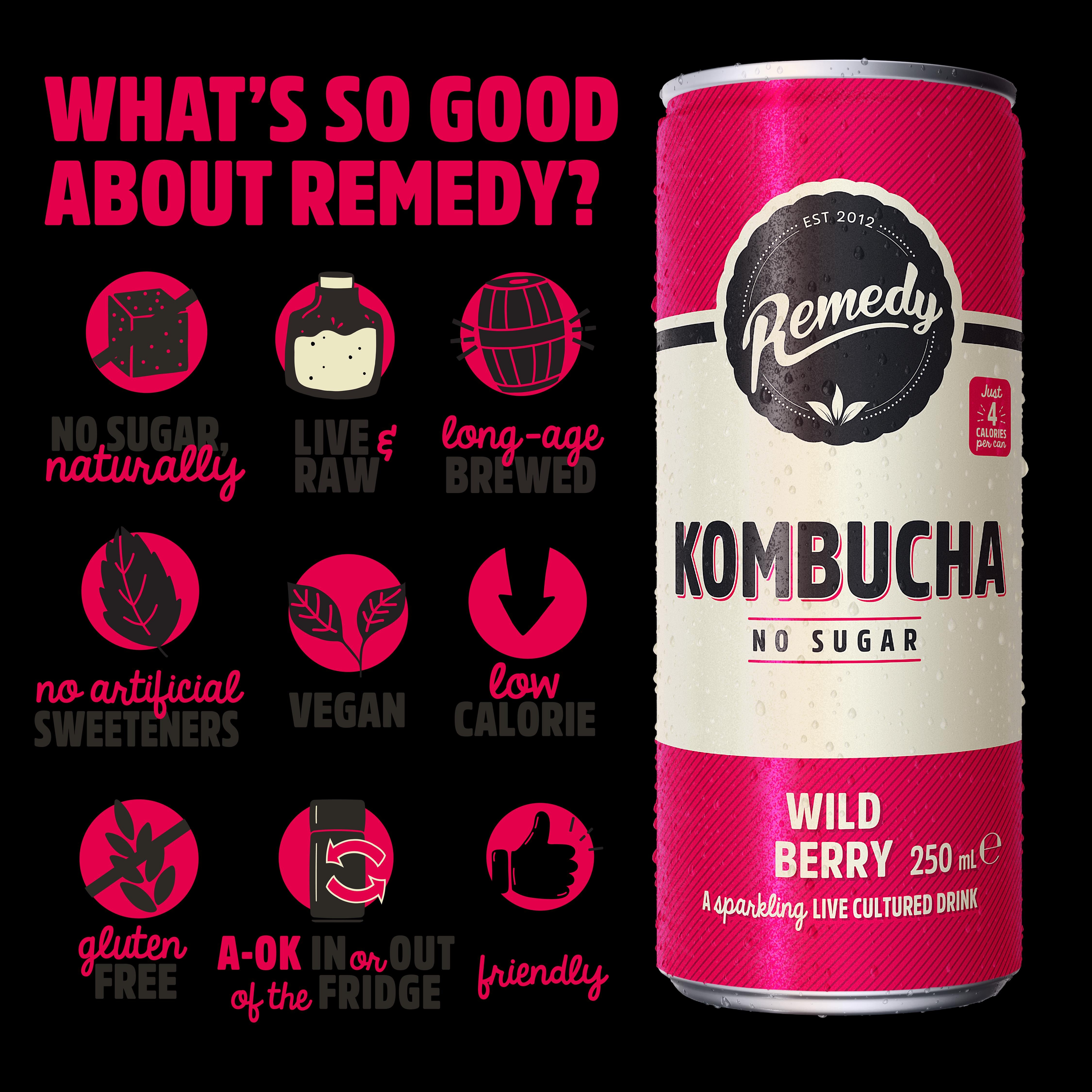 Remedy wild berry kombucha 4x330ml, imported from the UK