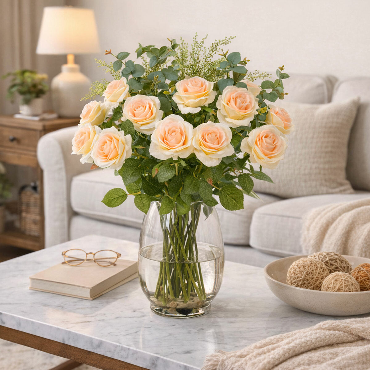 Tree Locate faux flower arrangement in glass vase 65cm - British product