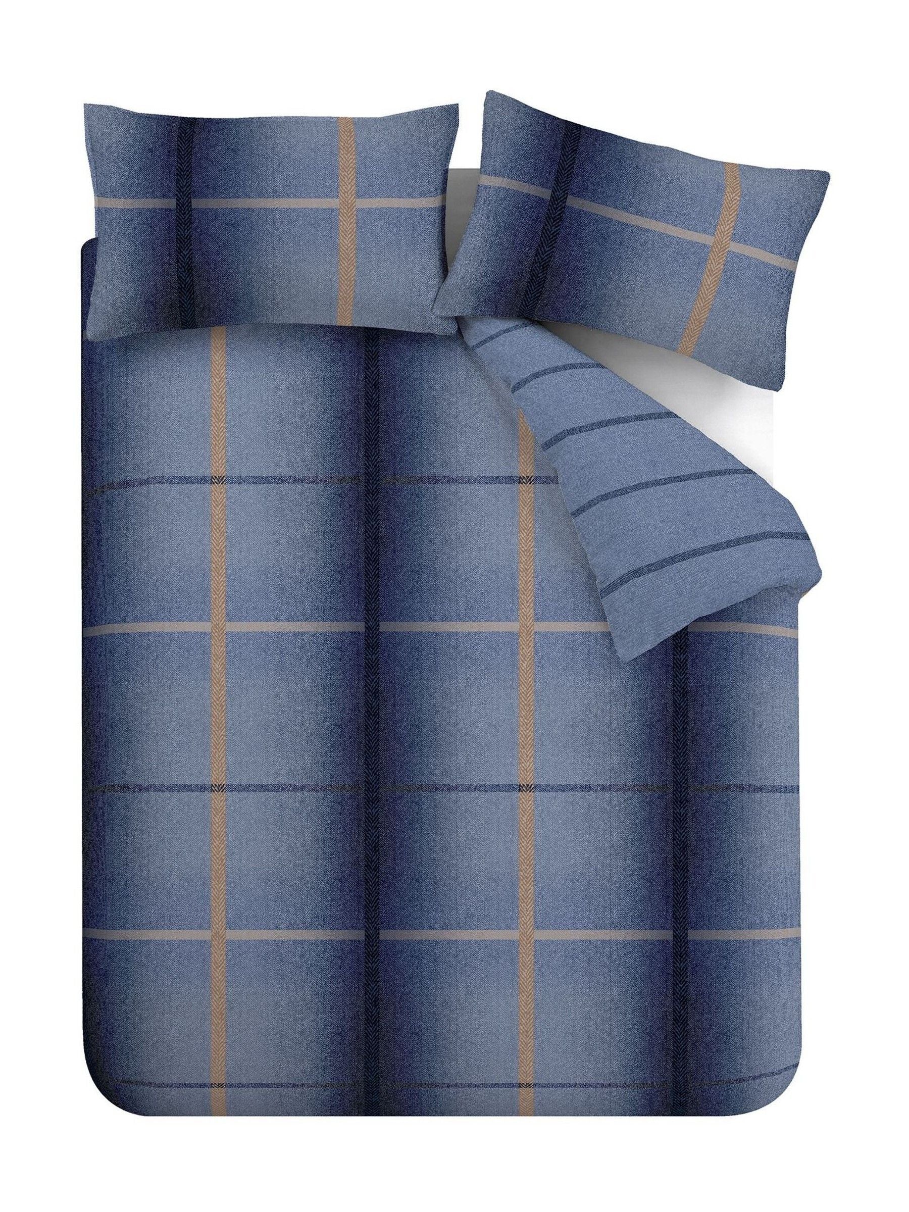 Catherine Lansfield Blue Supersoft 100% Brushed Cotton Melrose Tweed Check Duvet Cover Set