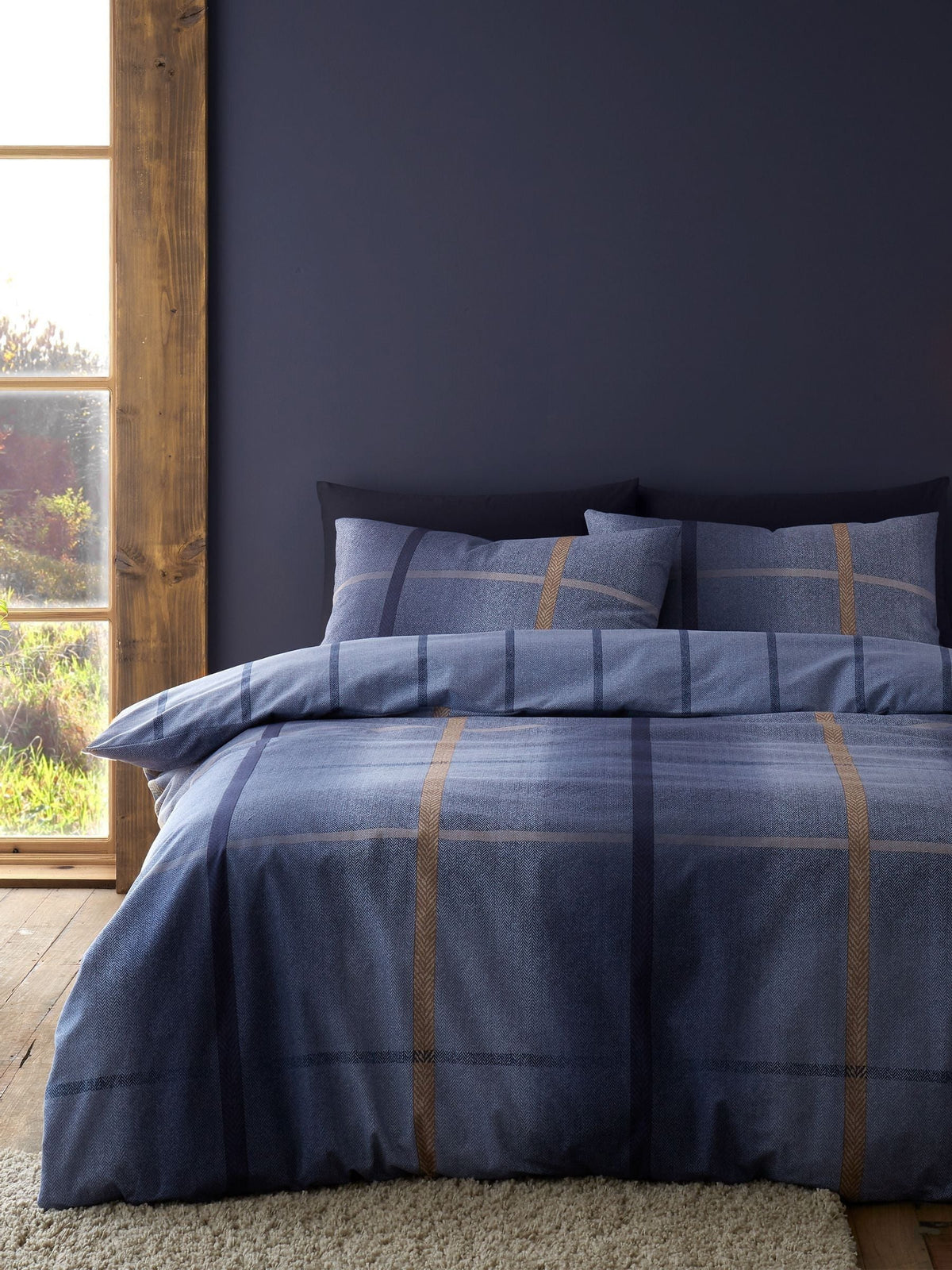 Catherine Lansfield Blue Supersoft 100% Brushed Cotton Melrose Tweed Check Duvet Cover Set