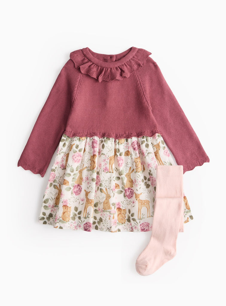 Plum Woodland Friends Twofer Dress & Tights Set 3-6 months